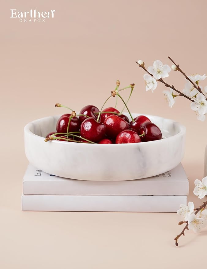 Marble Serving Bowl 8" Inches White Fruits and Vegetables Bowl for Kitchen Counter, Modern Decorative Entryway Table Accessories and Candy Bowl