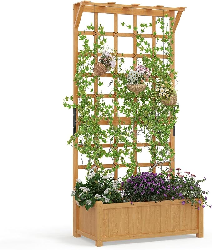 Aoxun 36" Raised Garden Bed with Trellis, Wood Planter Container with Hanging Roof & Garden Boxes for Climbing Plants Flowers Vine (1 piece)