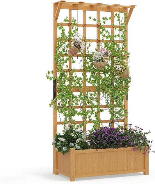 Aoxun 36" Raised Garden Bed with Trellis, Wood Planter Container with Hanging Roof & Garden Boxes for Climbing Plants Flowers Vine (1 piece)