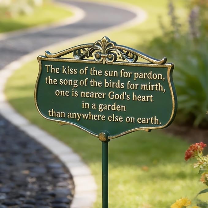 Garden Signs for Outside, "The Kiss of The Sun" Double-Sided Vintage Green Poem Plaque with Stake, Aluminum Outdoor Garden Sign for Patio Yard Lawn Backyard Porch Decor
