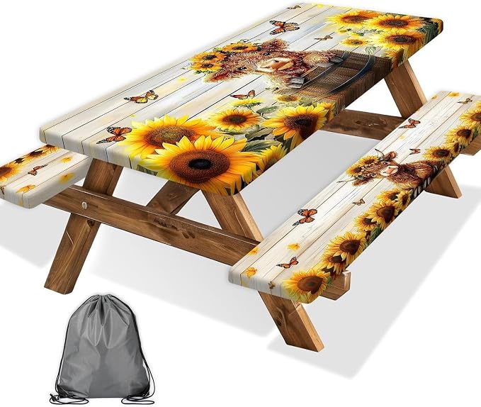 Sunflower Cow Picnic Table Cover with Bench Covers and Bag, Cute Calf Wooden Camper Waterproof Windproof, Fitted Tablecloth Cover with Elastic Edge, for Indoor & Outdoor, Garden, Camping, 30x60 Inch