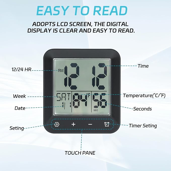 Digital Shower Clock Waterproof,Bathroom Extra Large LCD Screen Wall Clock Timer,Countdown,Moisture Proof,Anti Splash,Display Temperature,Time,Date and Day of the Week,Suction Cup,Hanging,Hole Stand