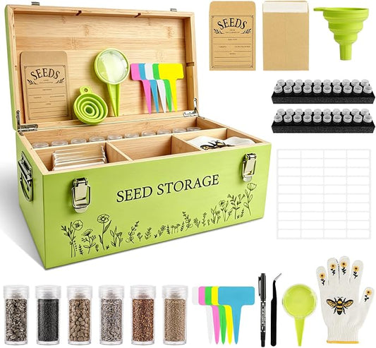 Fayoo Wooden Seed Storage Organizer Box with 40 Seed Vials & 20 Envelopes, Rustic Seed Saving Kit for Vegetable, Flower Seeds, Decorative Garden Seed Storage Container, Gardening Gifts for Women