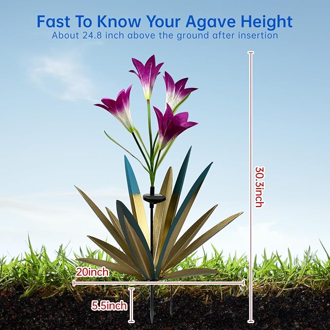 Homight Solar Metal Agave Lily Flower Garden Sculpture with LED Lights 30.3 Inch Waterproof Outdoor/Indoor Yard Decor Handmade Lawn Ornament Gift for Family Friends (2, Blue)