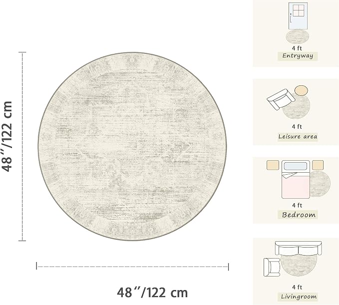 Latte&Fog 4ft Round Area Rug forBedroom Washable Circle Neutral Ivory Rug | Non Slip Low Pile Soft Floral Small Carpet for Kids Playroom Nursery Classroom Dorm Decor Dining Kitchen Farmhouse Office