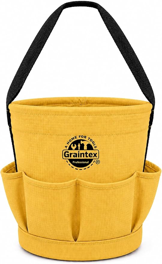 Graintex Tapered Canvas Bucket 12"x10"x15", Utility Tool Bucket 6 Pockets Outside, Reinforced Base & Carry Handle, Ripstop Canvas, Multi-Purpose Bag for Jobsite & Home Use - Yellow