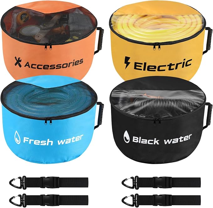4 Pack RV Sewer Hose Storage, Visible Cover And Two-Way Zipper RV Hose Storage Bags, Waterproof RV Accessories Bags Utility Bag Organizer for Garden Fresh Water Hoses Electrical Cords Camper Tools