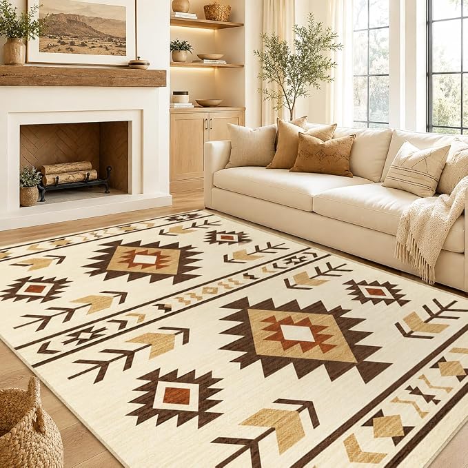 Area Rug 5x7 Western Rug Living Room Southwestern Aztec Tribal Rugs Southwest Navajo Machine Washable Non-Slip Printed Low-Pile Floor Carpet for Bedroom Dining Room Office, Camel