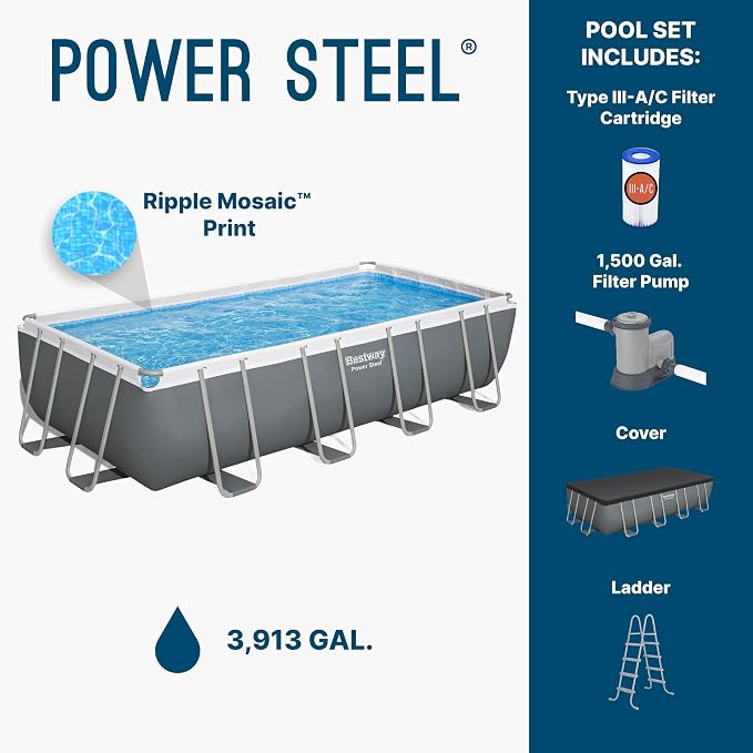 Bestway Power Steel 18' x 9' x 48" Above Ground Pool Set with Pump | Durable Rectangular Metal Frame Outdoor Backyard Pool - Ladder, Cover, and Type III Filter Cartridge Included, Gray