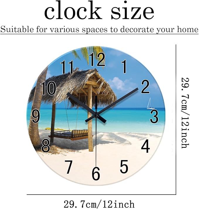 XFM Tropical Beach Wall Clock Battery Operated 12 Inch | Silent Non-Ticking Battery Operated Blue Coastal Modern Decorative for Living Room Kitchen Bedroom Office