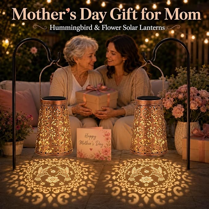 LeiDrail 2 Pack Hummingbird & Flower Solar Lanterns Outdoor, Hanging Waterproof Vintage Metal Lantern, Auto On/Off Garden Patio Yard Porch Pathway Decor, Gifts for Women Mom Grandma