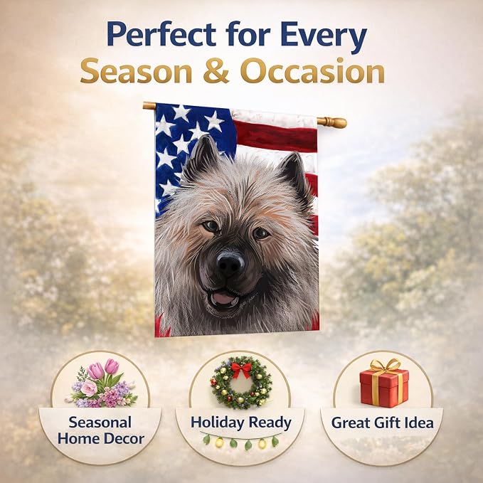 Caroline's Treasures CK6588CHF Keeshond American Flag House Flag Large Porch Sleeve Pole Decorative Outside Yard Banner Artwork Wall Hanging, Polyester, House Size, Multicolor