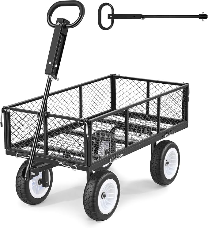 VEVOR 900 LBS Steel Garden Cart, 2 in 1 Handle, Heavy Duty Pullable Garden Wagon with 10" Flat-Free Tires, Outdoor Utility Yard Wagon Cart with Detachable Side Panels, Attach to ATV or Tractor