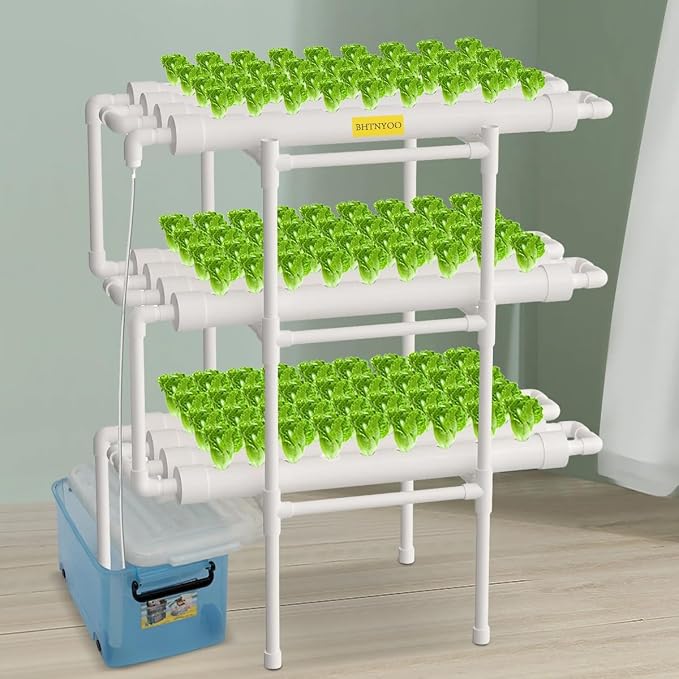 Hydroponics Growing System Kit,3 Levels 108 Sites/Hydroponic Planting Vegetables,Herbs Garden Tools,with Pump,Timer,Nest Basket,Growth Sponge,for Gardening(White)