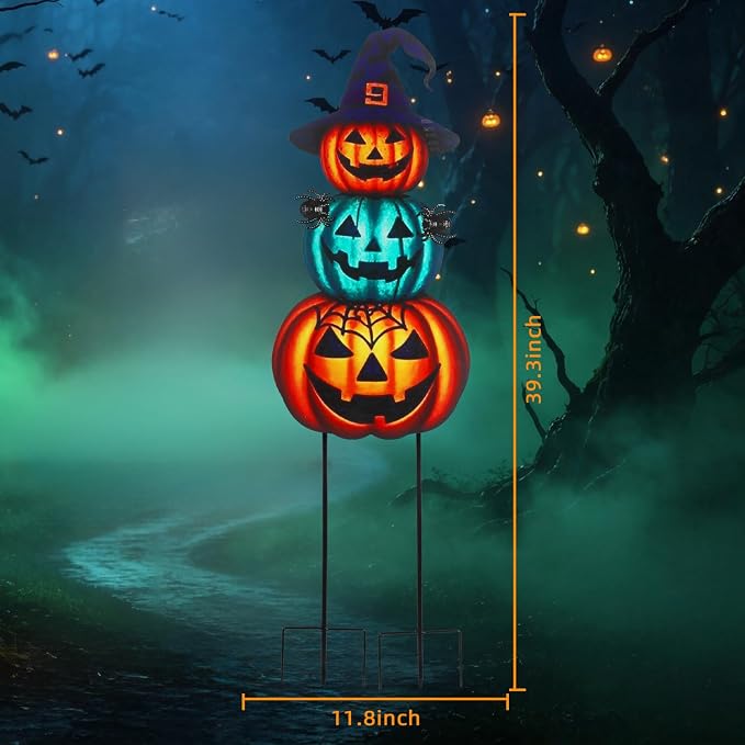 Halloween Yard Stakes Large with Stackable Pumpkins Scary Spiders | 39.3" Metal Halloween Yard Decorations for Garden, Lawn, Patio, Outdoor Decor with Witch Hat