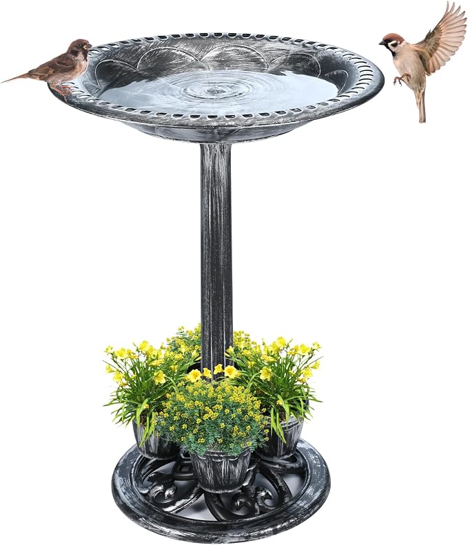 Bird Bath for Outside with 4 Removable Flower Planters 28in Polyresin Lightweight Vintage Birdbath for Outdoors Stake Standing Bowl and Water Feeder Yard Garden Decor Black