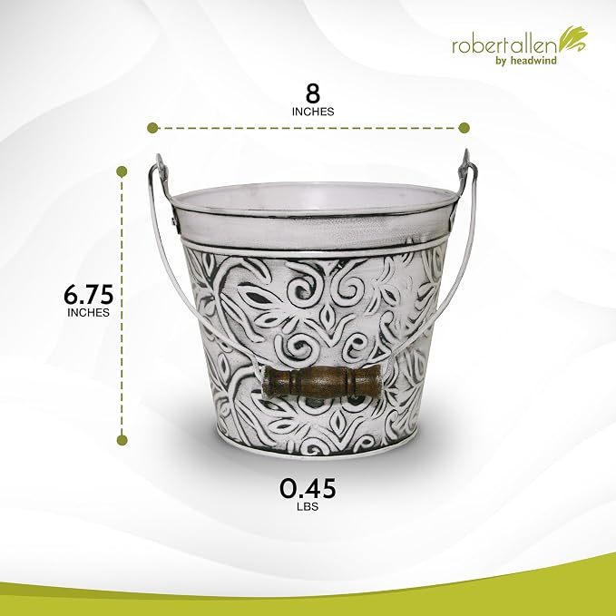 Headwind Vintage Collection - Floral Rustic White Planter with Handles – 8 Inch Medium Flower Pots Decorative Plant Indoor – Plant Pots Indoor with Drainage By Robert Allen