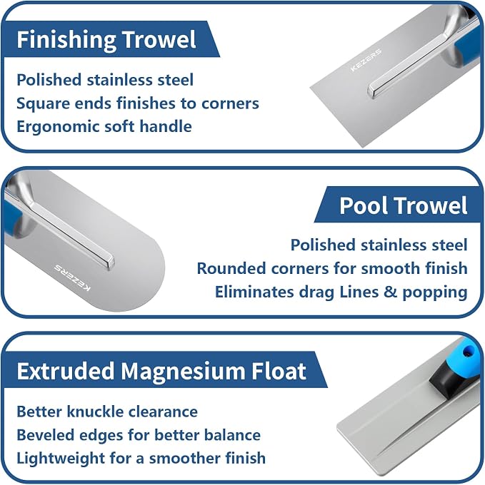 KEZERS 8-in-1 Concrete Finishing Tools Kit: Magnesium Float, Finishing & Pool Trowel, Gauging & Brick Trowel, Concrete Groover & Edger for Masonry, Stucco Repair & Bricklaying