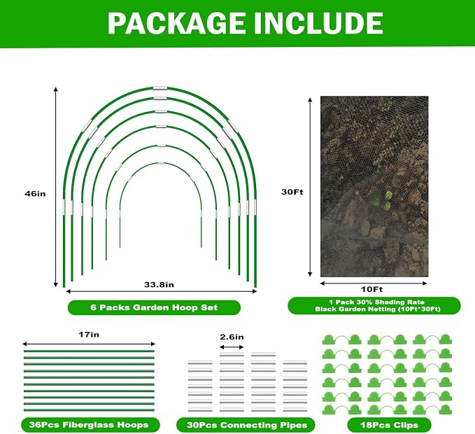 Garden Mesh Netting Kit, 10x30FT Black Ultra Fine Netting & 6 Sets 8FT Fiberglass Garden Hoops, Garden Netting with Frame for Raised Beds, Garden Hoops and Netting for Row Cover, Plant Insect Barrier