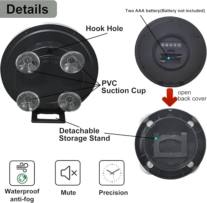 Digital Bathroom Waterproof Clock, Indoor White Wall Clock with Suction Cup, Plastic Frame, Flexible Choice for Hanging Or Standing, Modern Silent Small Wall Clock for Living Room and Kitchen