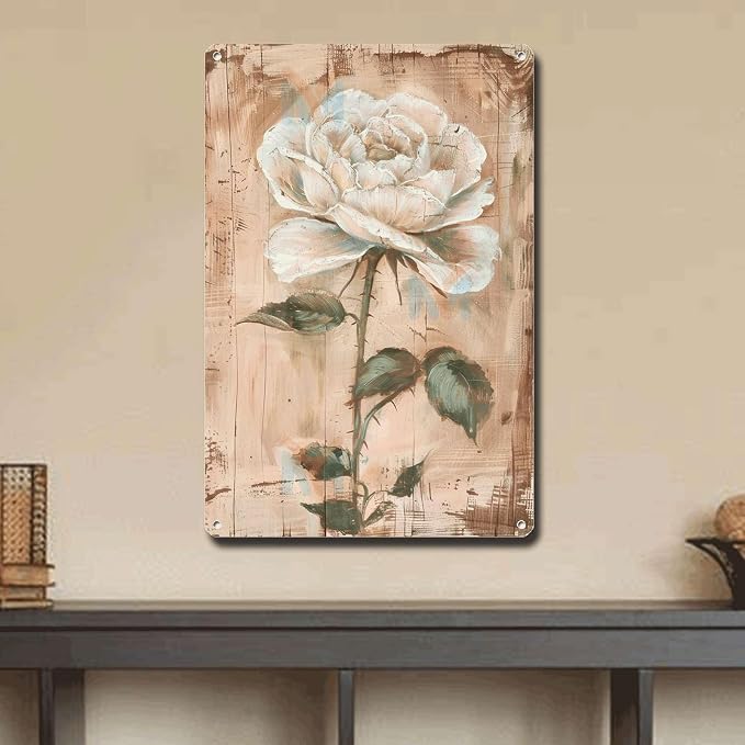 Metal Sign Tin Sign Vintage Wall Art Shabby Chic Rose Tin Sign for Antique Paint Effect White Rose Admirers and Distressed Wood Panels Bathroom Signs for Home for Bar 8×12 Inches