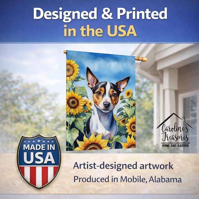 Caroline's Treasures DAC6147CHF Rat Terrier in Sunflowers House Flag Large Porch Sleeve Pole Decorative Outside Yard Banner Artwork Wall Hanging, Polyester, House Size, Multicolor
