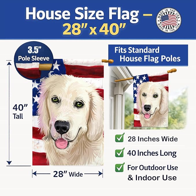 Caroline's Treasures CK6542CHF Golden Retriever Dog American Flag House Flag Large Porch Sleeve Pole Decorative Outside Yard Banner Artwork Wall Hanging, Polyester, House Size, Multicolor