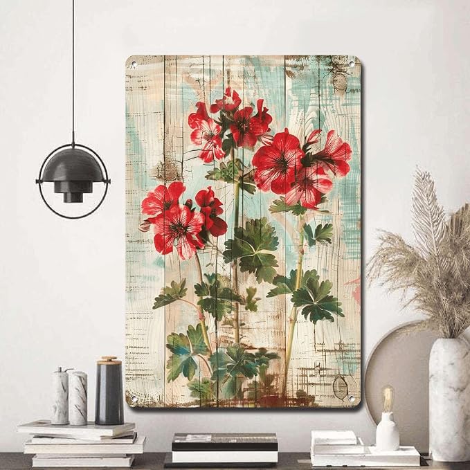 Metal Sign Tin Sign Vintage Wall Art Vintage Pelargoniums Wall Art Tin Sign for Rustic Charm Shabby Chic Interiors and Corrosion Resis Gardening Decor Gift for Restaurant 8×12 Inches