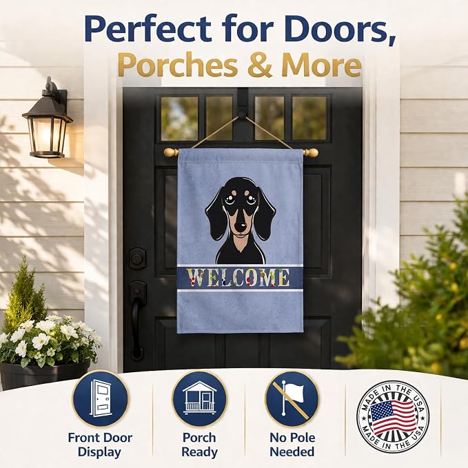 Caroline's Treasures BB1401CHF Smooth Black and Tan Dachshund Welcome House Flag, Blue Large Porch Sleeve Pole Decorative Outside Yard Banner Artwork Wall Hanging, Polyester, House Size, Multicolor