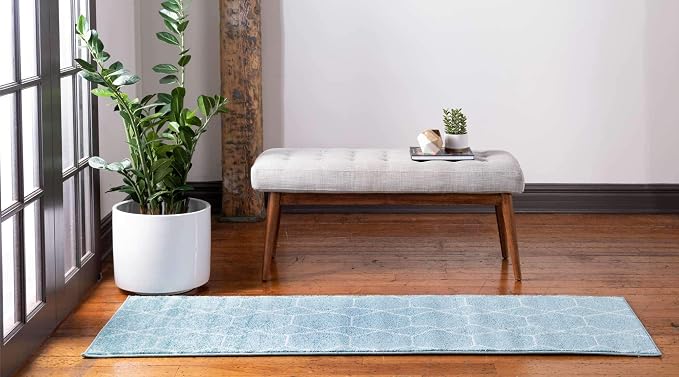 Unique Loom Trellis Frieze Collection Area Rug - Geometric (2' x 13' 1" Runner, Light Blue/ Ivory)