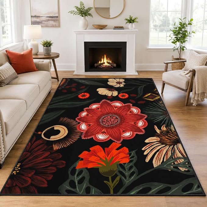 Tyrot Vintage Black Red Boho Floral Living Room Rug, 5x7 Rug Flat Woven Ultra-Thin Washable Botanical Area Rugs Non-Slip Low-Pile Carpet for Bedroom, Dining Room, Office, Kids Room