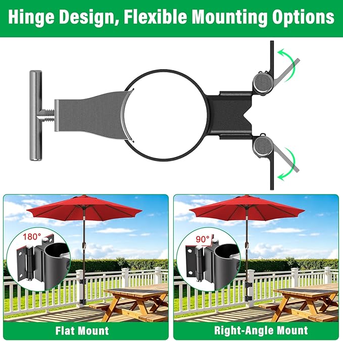 Heavy Duty Deck Railing Umbrella Holder, Adjustable Patio Umbrella Stand for 1-2 Inch Poles, Post Flat & Right Angle Mount, Maximizes Deck Space