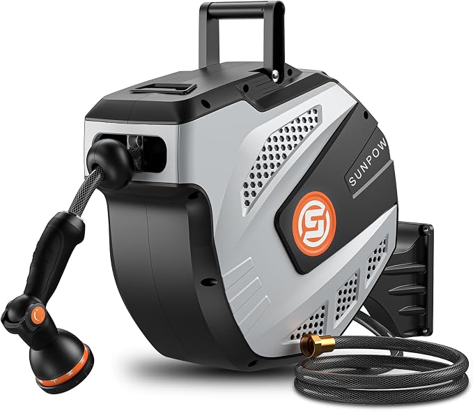 SUNPOW Retractable Garden Hose Reel - 1/2 inch x 85ft Heavy Duty Wall Mounted Hose Reel with 3/4 inch Brass Fitting & 10 Sprayer Nozzle - Any Length Lock, Auto Rewind System, 180°Swivel Bracket- Grey