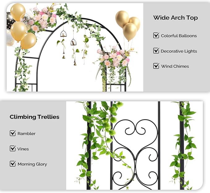 Outvita Garden Arch Trellis with Base, Heavy Duty Metal Arbour Archway for Climbing Plants Outdoor, Wedding Ceremony Party Patio Decor Black