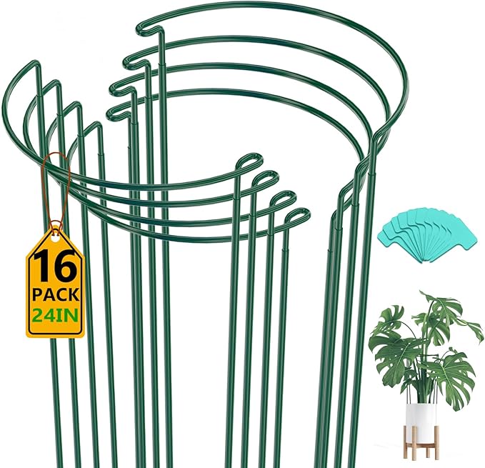 Breeze Touch 16 Pack Plant Support Stakes, 24 Inch Plant Stakes for Outdoor Plants, Peony Cage with 15 Pcs Green Lables, Peony Cages and Supports, Peonies Support Cages Flower Stakes for Plants