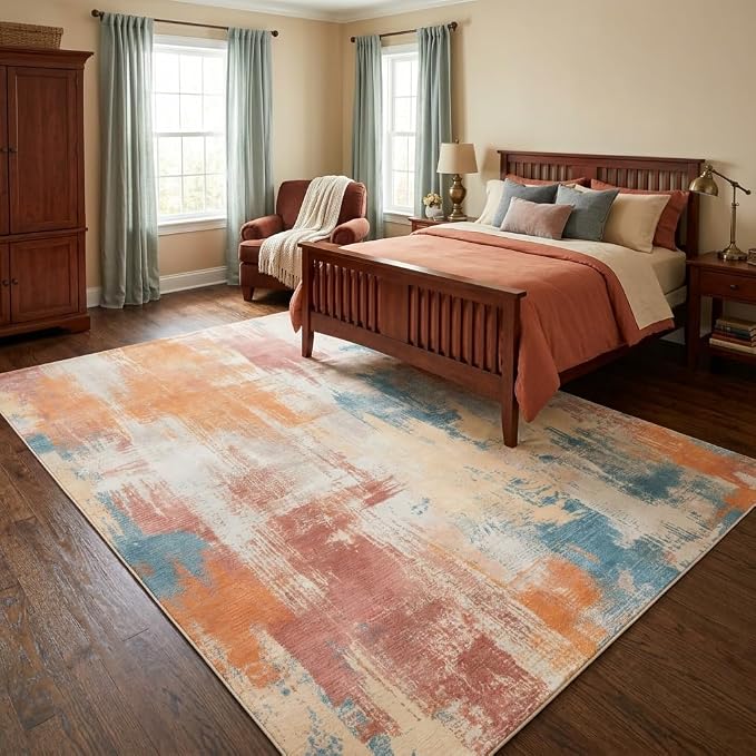 5x7 Terracotta Blue Beige Modern Abstract Brushstroke Area Rug | Washable non-slip low-pile faux cashmere rug for living rooms, bedrooms and home offices.