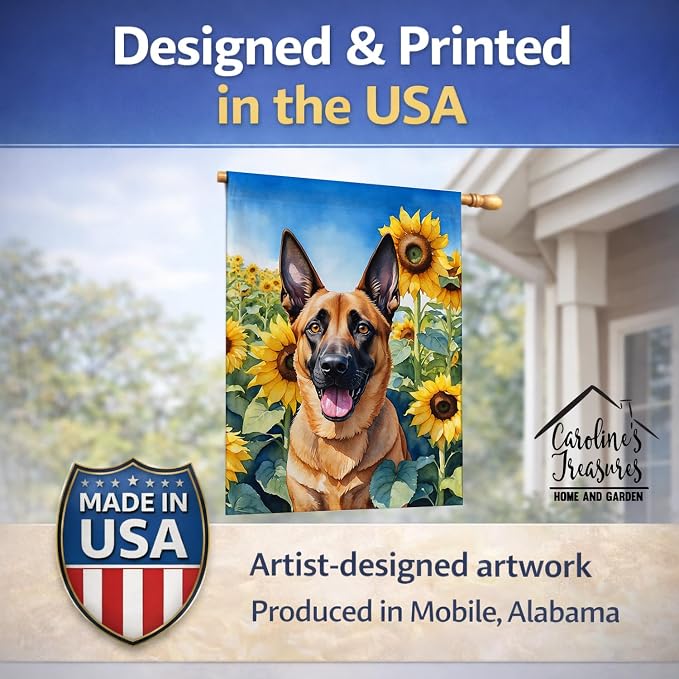 Caroline's Treasures DAC6022CHF Belgian Malinois in Sunflowers House Flag Large Porch Sleeve Pole Decorative Outside Yard Banner Artwork Wall Hanging, Polyester, House Size, Multicolor
