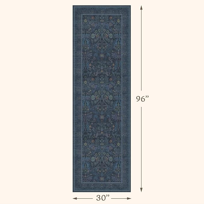 2'6"x8' 8ft Kitchen Runner Rugs Washable, Dark Blue Long Runner Rugs Non Slip for Hallway, Entryway, Victorian Forest Floral Stain Resistant Low Pile Thin Carpet
