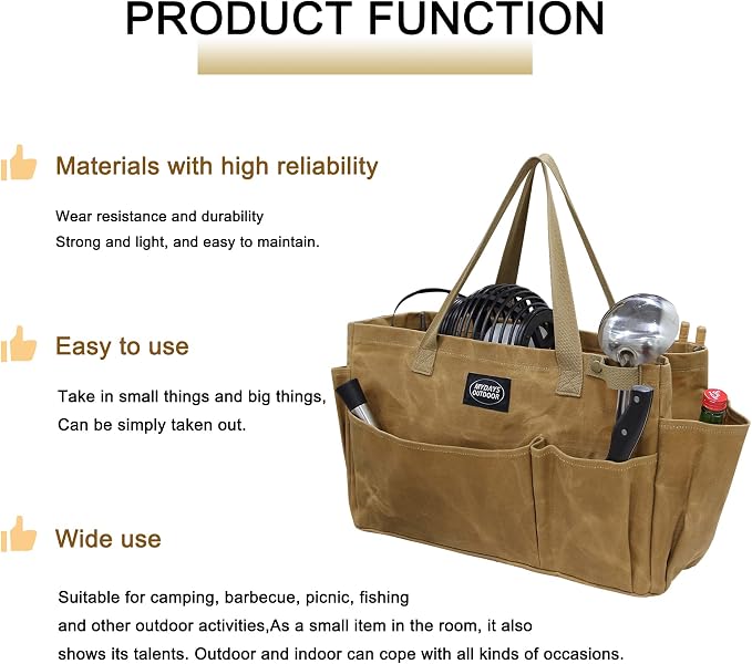 Portable Garden Camping Tool Storage Bag,Waxed Canvas Firewood Carrier Tote bag,Collapsible Sturdy Garden Basket Great for Women, Gardener, Electrician, Repairer (Khaki)