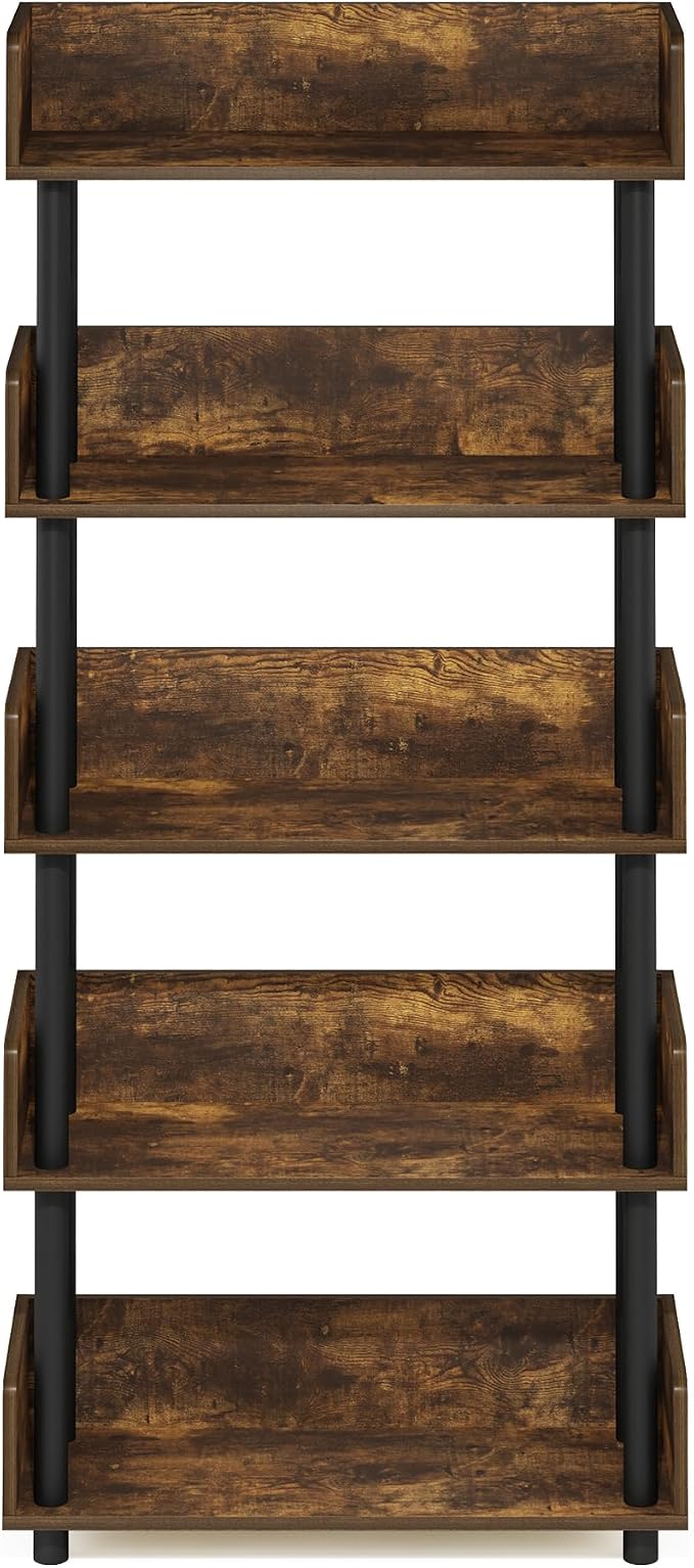 Furinno TURN-N-TUBE 5-Tier Display Shelf, Storage Shelves, Book Shelf, Open Shelves with Rounded Corner Top Edges, for Organization and Storage, Living Room, Home Office, Amber Pine