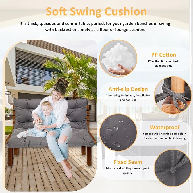 Swing Replacement Cushions for Outdoor: 2-3 Seater Waterproof Porch Bench Cushion with Backrest and Ties - 4" Thick Swing Cushion for Garden Patio Backyard Loveseat