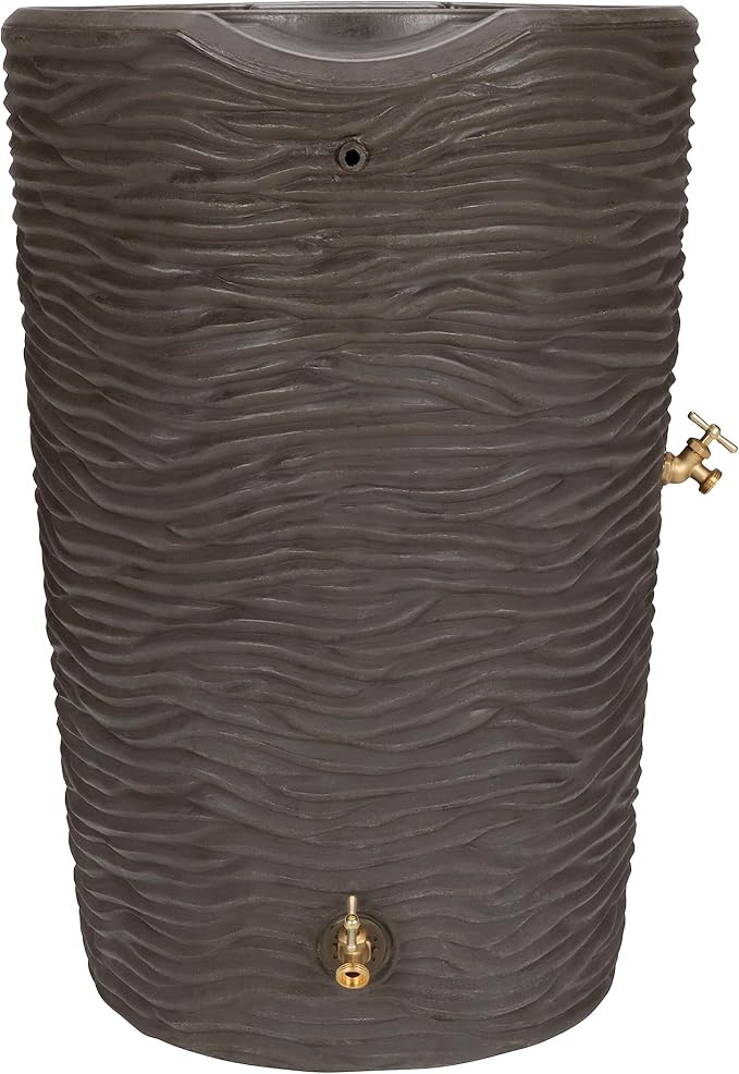 Good Ideas Impressions 50-Gallon Rain Saver Barrel Faux Palm Trunk Surface, Dual Spigot Locations with 2 Brass Spigots and Screen, Oak