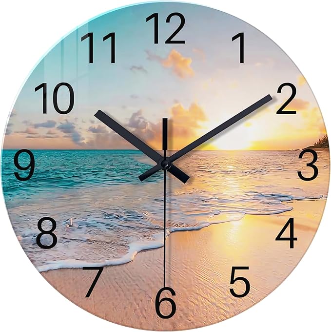 Beach Wall Clocks Battery Operated 16 Inches or Larger | Wall Clock Silent Analog Glass Blue Clocks for Living Room Bedroom Bathroom Kitchen Office Decor