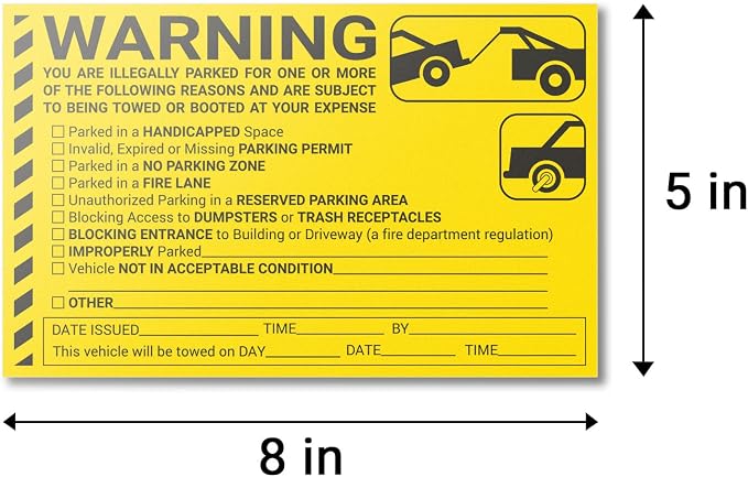 Illegally Parked Area Warning Labels, 8 x 5 inch, Yellow, 300 Labels | Will Be Towed Stickers, NO Parking Allowed, Hard to Remove, HOA Notice
