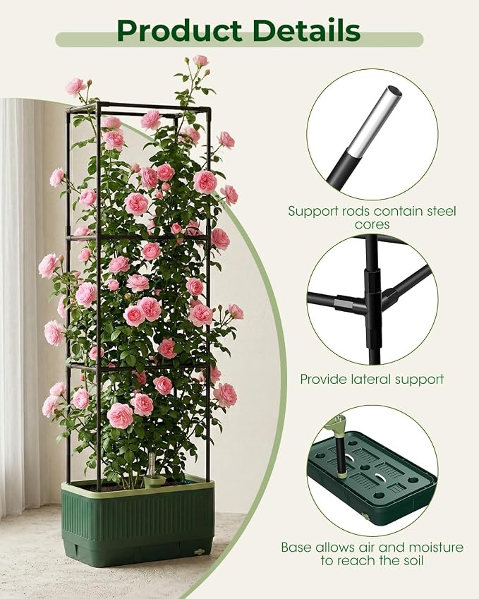 Raised Garden Bed Planter Box with Trellis, Self Watering Tomato Planters for Climbing Plants, Tomato Cage Trellis for Vegetables & Vine Flowers Indoor Outdoor Patio