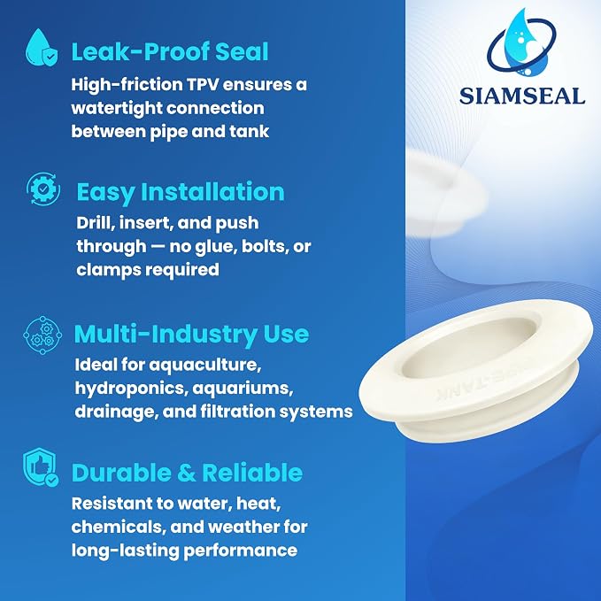 1 1/2 inch Hydroseal flexible tank adapter Bulkhead Fitting, aquarium bulkhead fitting, rain barrel spigot kit, TPV Grommet Tank Adapter for IBC Tote, Water Tank, Pond, Hydroponics, Filtration