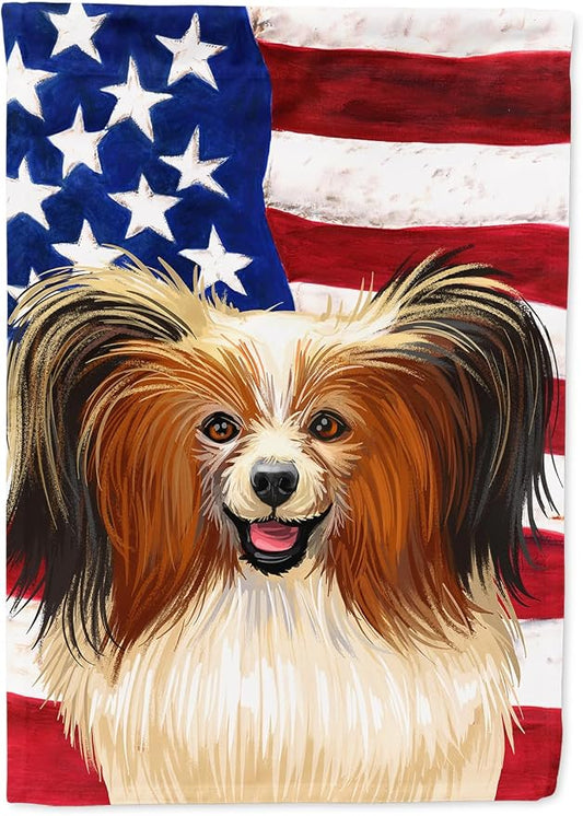 Caroline's Treasures CK6642CHF Phalene Dog American Flag House Flag Large Porch Sleeve Pole Decorative Outside Yard Banner Artwork Wall Hanging, Polyester, House Size, Multicolor