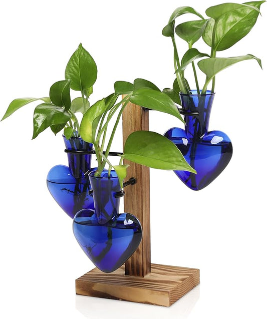 Plant Terrarium Propagation Stations with Wooden Stand | Glass Vase for Indoor Hydroponics Home Garden Office Decoration Gift for Women - 4 Love Bulb Vase