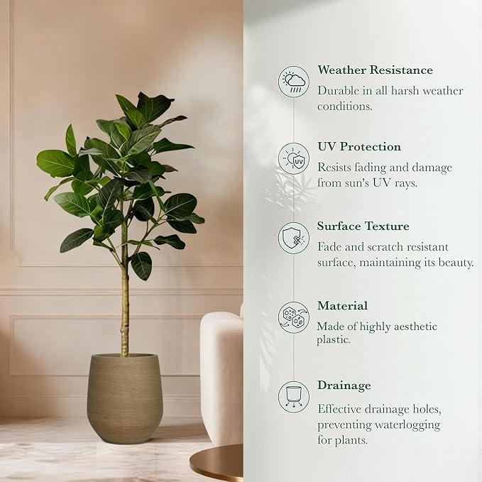 16.9" H Plastic Tall Large Planters for Outdoor Plants, Modern Round Tapered Flower Pot for Indoor Plants, Plant Pots with Drainage Holes and Rubber Plug for Home Garden Patio,Wood-like texture
