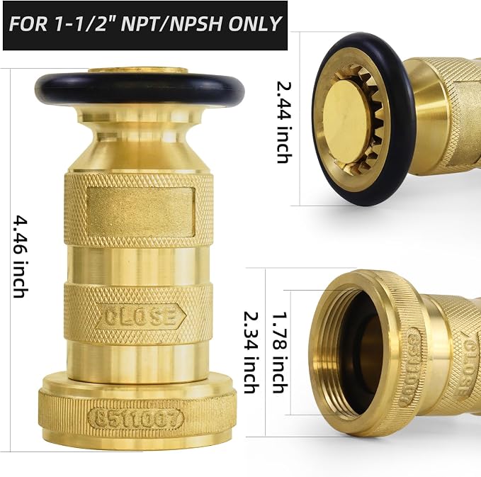 Fire Hose Nozzle 1-1/2" NPSH/NPT Fire Fighter Hose Nozzle 100 psi 75 gpm Brass Fire Equipment Jet Fog Spray Nozzle, Heavy-Duty Industrial Brass Fire Equipment Water Hose Nozzle